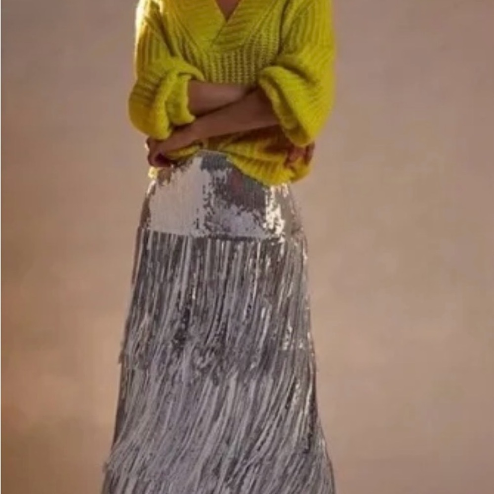 Anthropologie Silver Sequin Fringe Maxi Skirt